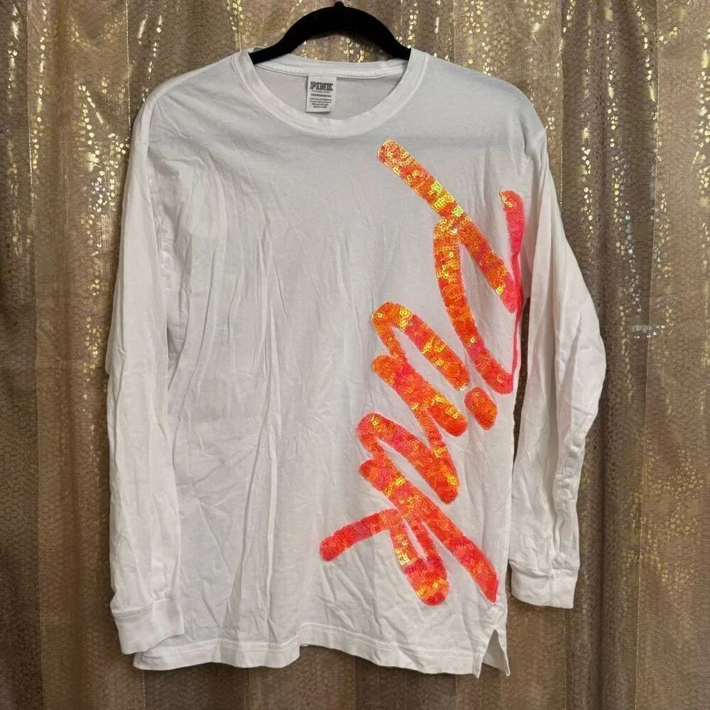 PINK Victorias Secret White Long Sleeve Campus Pink Sequin Bling Shirt XS